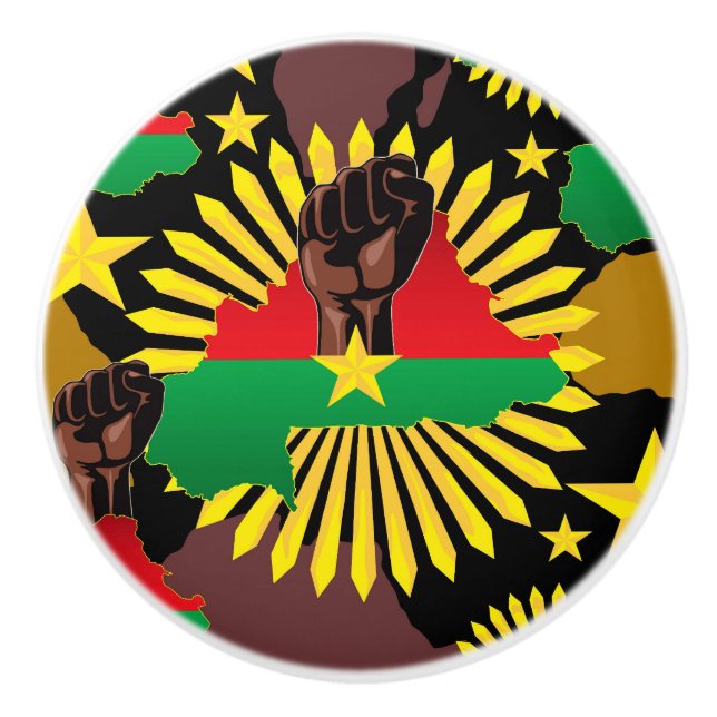 Burkina Faso Map, Flag and Revolution Fist Ceramic Knob (Front)