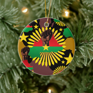 Burkina Faso Map, Flag and Revolution Fist Ceramic Tree Decoration
