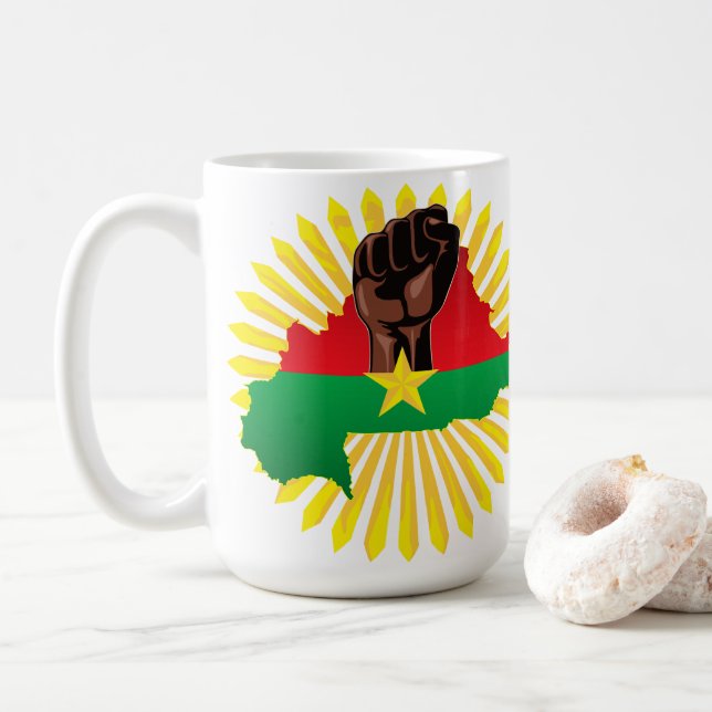 Burkina Faso Map, Flag and Revolution Fist Coffee Mug (With Donut)