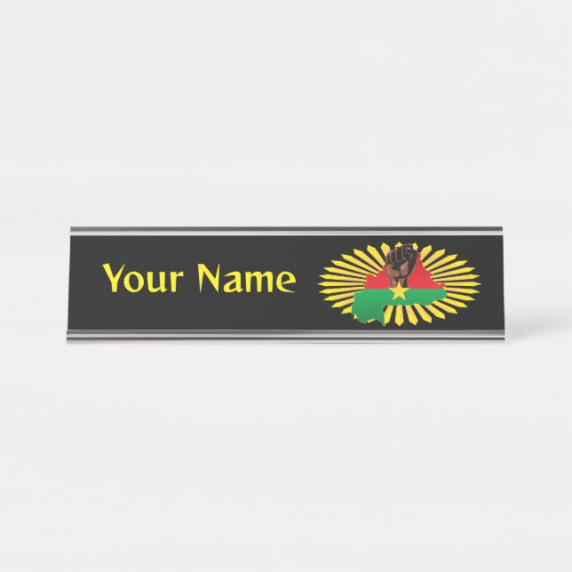 Burkina Faso Map, Flag and Revolution Fist Desk Name Plate (Front)