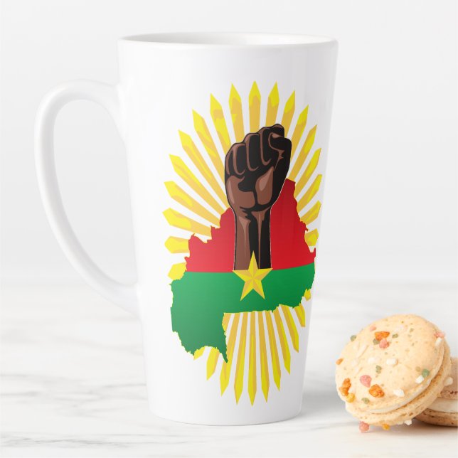 Burkina Faso Map, Flag and Revolution Fist Latte Mug (In Situ)