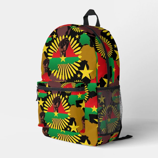 Burkina Faso Map, Flag and Revolution Fist Printed Backpack (Back Corner Right)