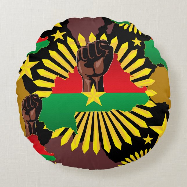 Burkina Faso Map, Flag and Revolution Fist Round Cushion (Front)