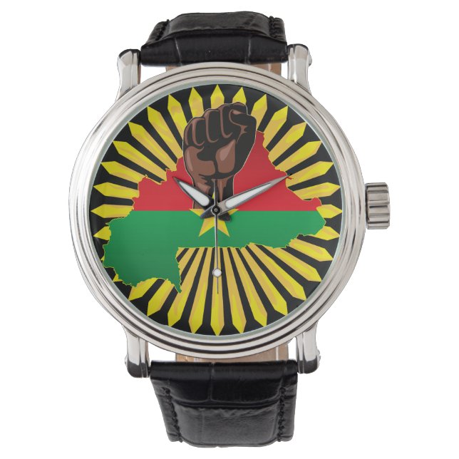 Burkina Faso Map, Flag and Revolution Fist Watch (Front)