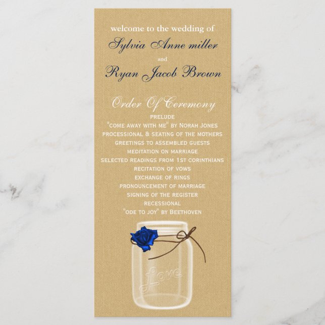 burla, navy blue rose mason jar wedding program programme (Front)