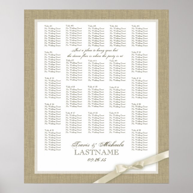 Burlap and Antique White Bow Wedding Seating Chart (Front)