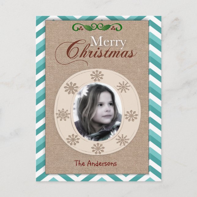 Burlap and Aqua Chevron Christmas Photo Card (Front)
