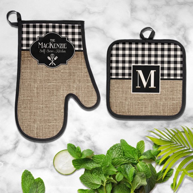 Burlap and Black Buffalo Check Personalised Oven Mitt & Pot Holder Set (Creator Uploaded)