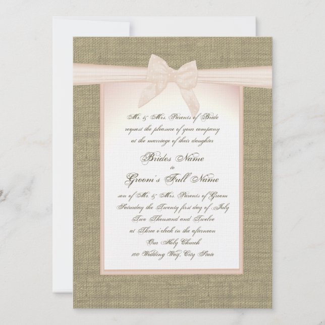 Burlap and Blush Pink Bow Rustic Wedding Invitation (Front)