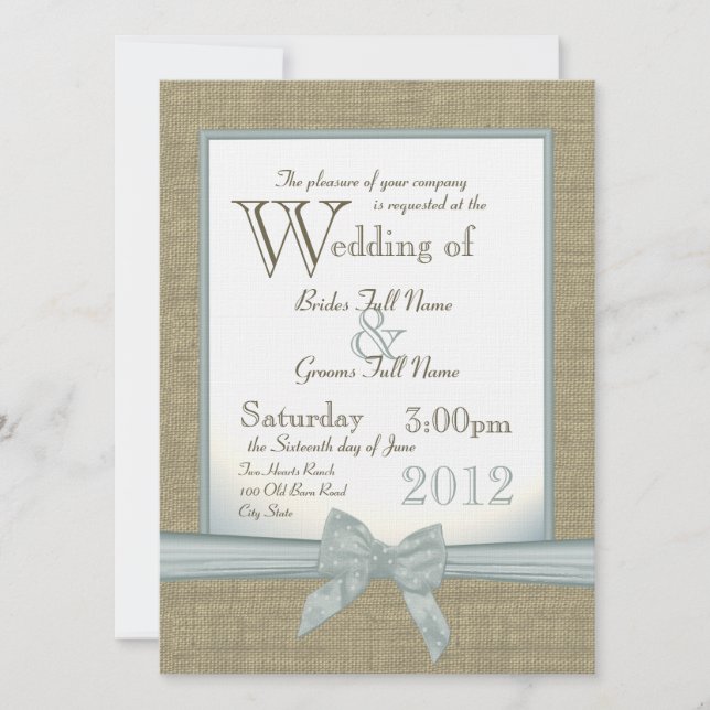 Burlap and Bow Blue Country Wedding Invitation (Front)