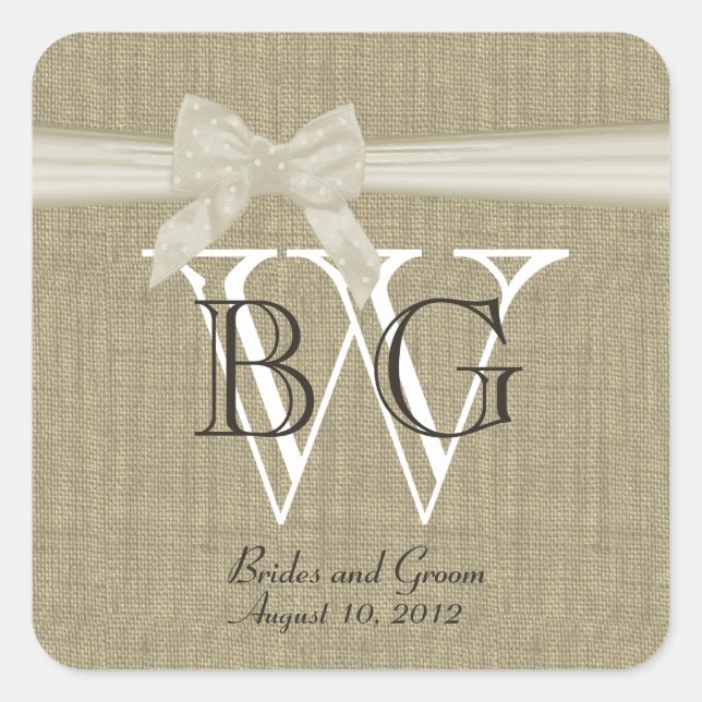 Burlap and Bow Monogram Square Sticker (Front)