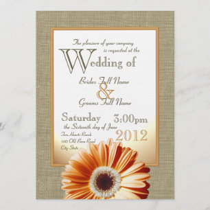 Burlap and Bow Orange Gerbera Daisy Wedding Invitation