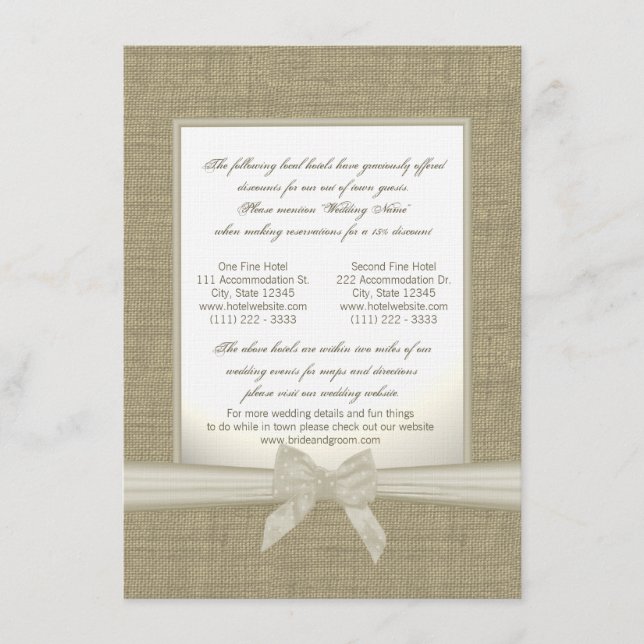 Burlap and Bow Rustic Wedding Accommodations Enclosure Card (Front)