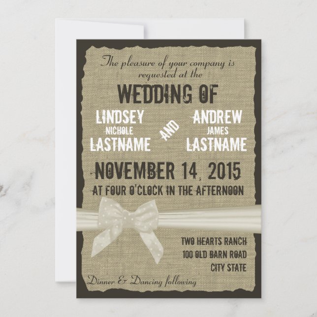 Burlap and Bow Rustic Wedding Antique White Invitation (Front)