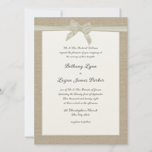 Burlap and Bow Rustic Wedding Invitation (Front)