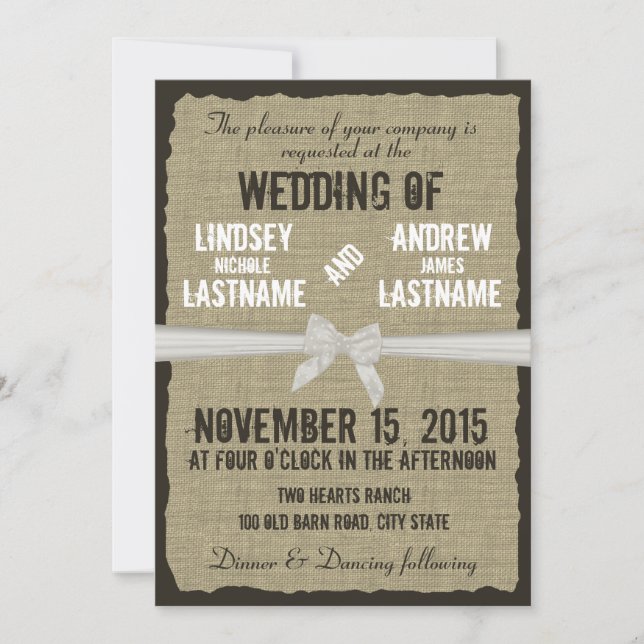 Burlap and Bow Rustic Wedding Invitation (Front)