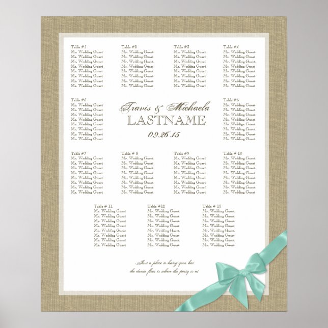 Burlap and Bow Wedding Seating Chart (Front)
