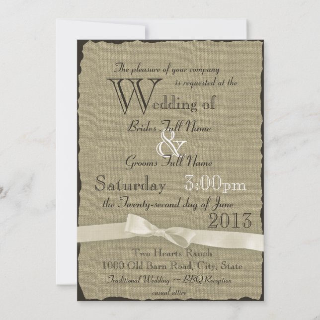 Burlap and Bows Rustic Wedding Invitation (Front)