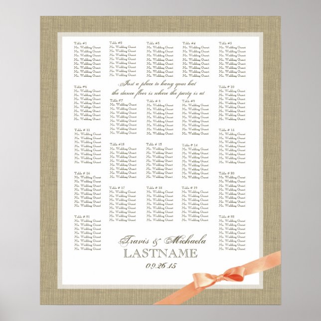 Burlap and Coral Bow Wedding Seating Chart (Front)