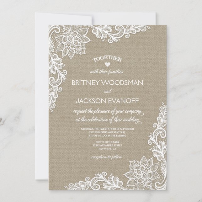 Burlap and Floral Lace Wedding Invitations (Front)