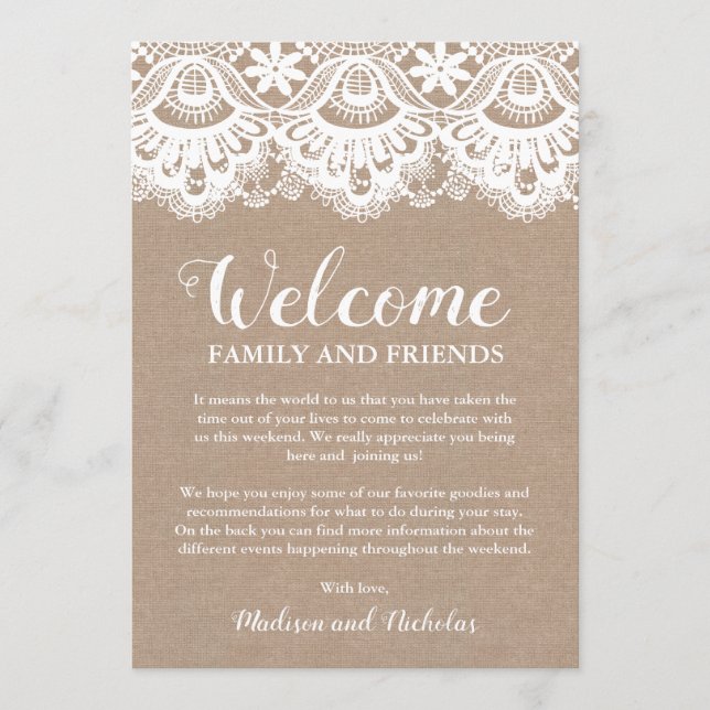 Burlap and Lac Wedding Hotel Welcome Cards, Rustic Programme (Front)