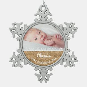 Burlap and Lace Baby's First Christmas Snowflake Pewter Christmas Ornament