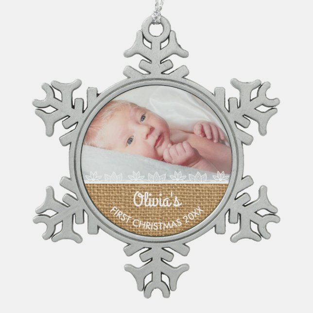 Burlap and Lace Baby's First Christmas Snowflake Pewter Christmas Ornament (Front)