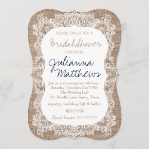 Burlap and Lace Bridal Shower Khaki Navy Invitation