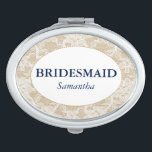 Burlap and Lace Bridesmaid Personalised Mirror For Makeup<br><div class="desc">This oval compact mirror features a background of burlap with a white lace overlay. The centre of the compact is white and features navy blue customisable text for the name of the bridesmaid.</div>