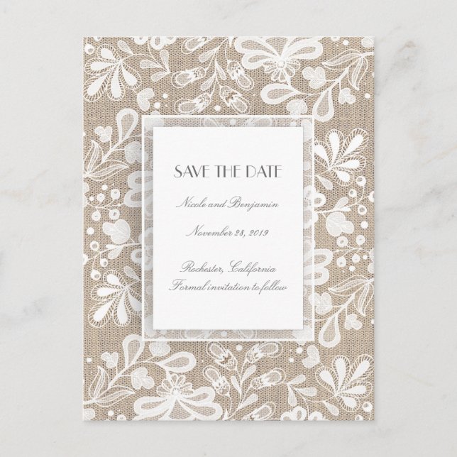 Burlap and Lace Elegant Save the Date Announcement Postcard (Front)