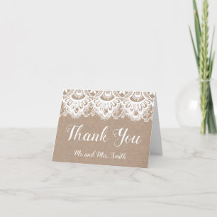 Burlap and Lace Folded Thank You Cards, Rustic Note Card