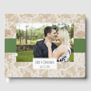 Burlap and Lace Green Photo Wedding Guest Book