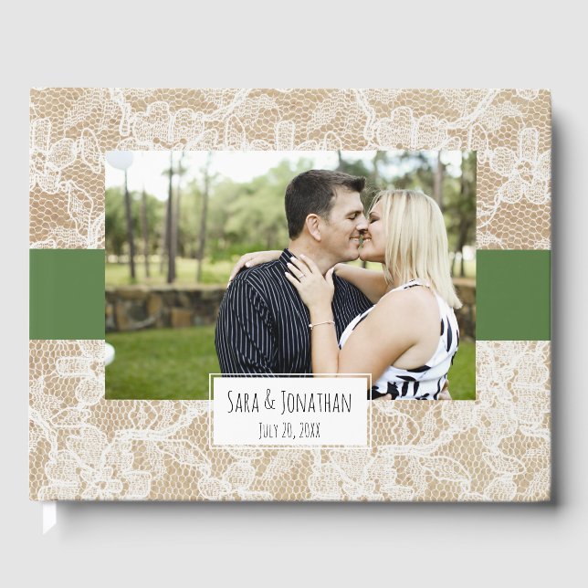 Burlap and Lace Green Photo Wedding Guest Book (Front)