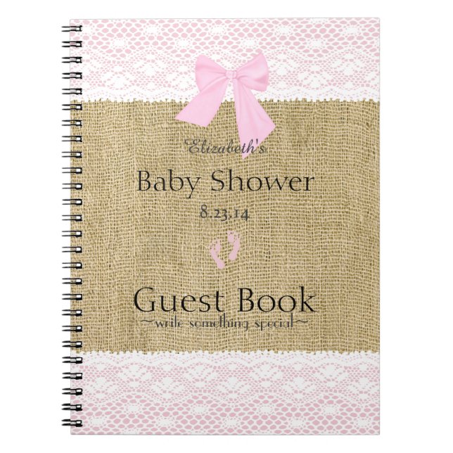 Burlap and Lace Image Pink Baby Shower Guest Book- Notebook (Front)