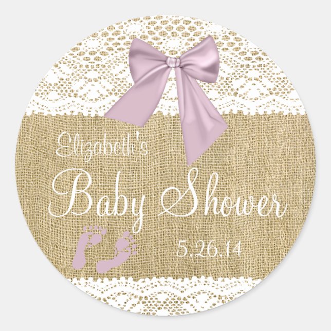 Burlap and Lace Lavender Baby Shower Classic Round Sticker (Front)