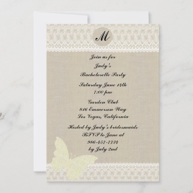Burlap And Lace Monogram Bachelorette Party Invite (Front)
