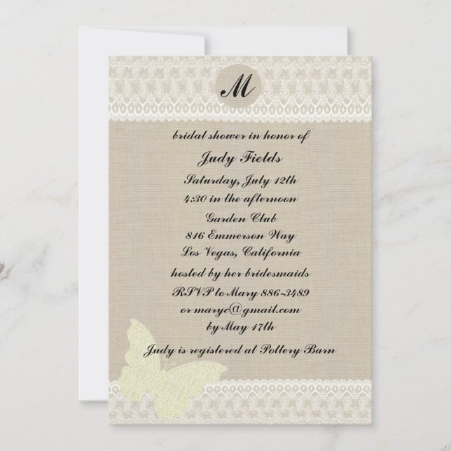 Burlap And Lace Monogram Bridal Shower Invitation (Front)