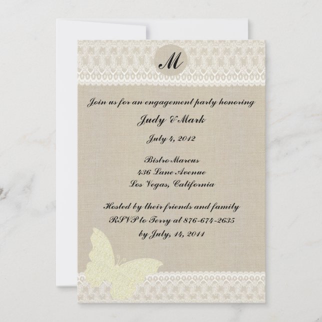 Burlap And Lace Monogram Engagement Party Invite (Front)