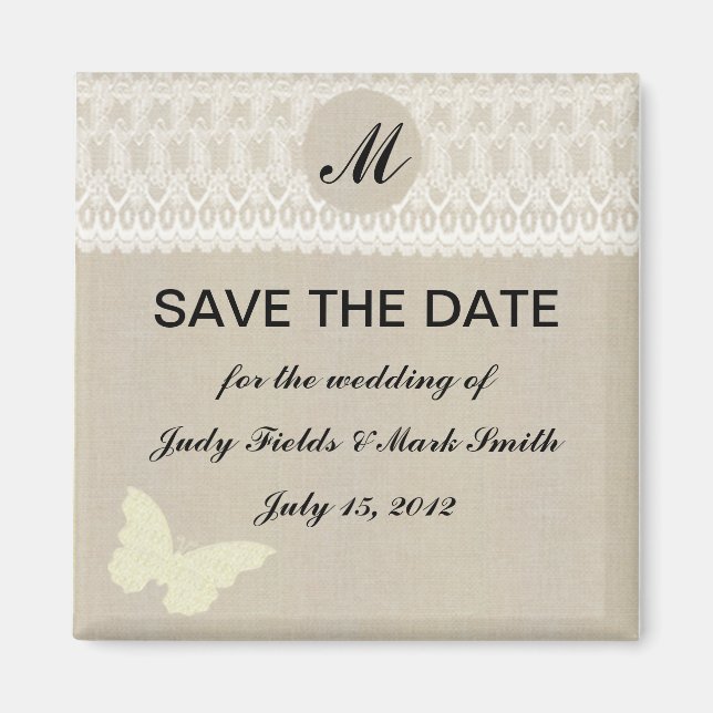 Burlap And Lace Monogram Save The Date Magnet (Front)