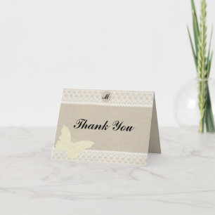 Burlap And Lace Monogram Thank You Card