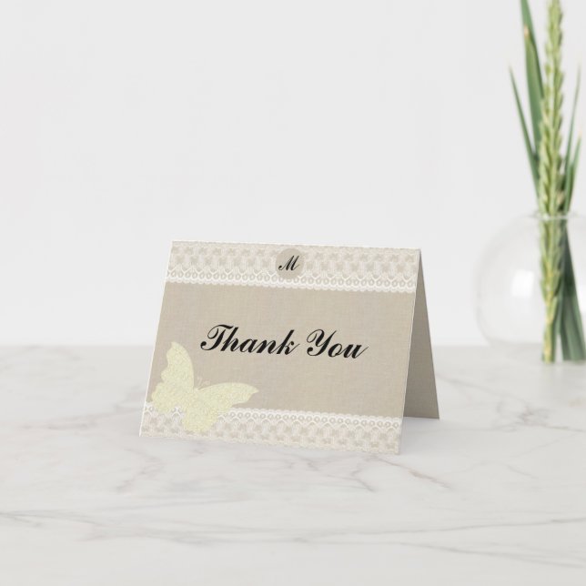 Burlap And Lace Monogram Thank You Card (Front)