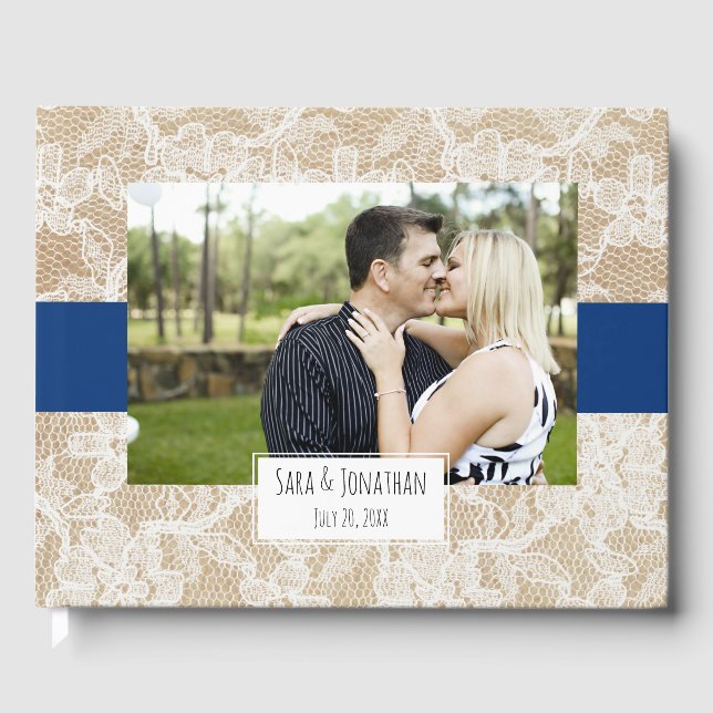 Burlap and Lace Navy Blue Photo Wedding Guest Book (Front)