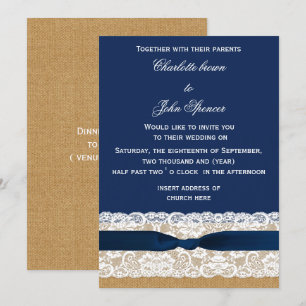 Burlap and Lace Navy Wedding Invitation