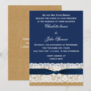 Burlap and Lace Navy Wedding Invitation