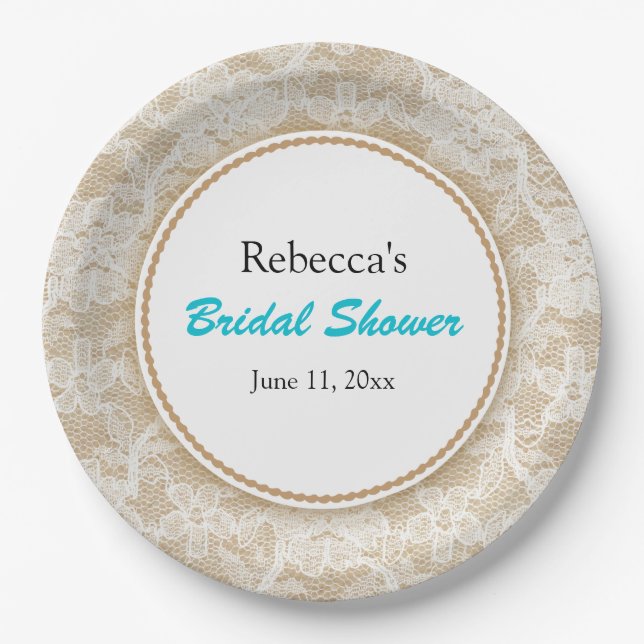 Burlap and Lace Personalised Bridal Shower Paper Plate (Front)