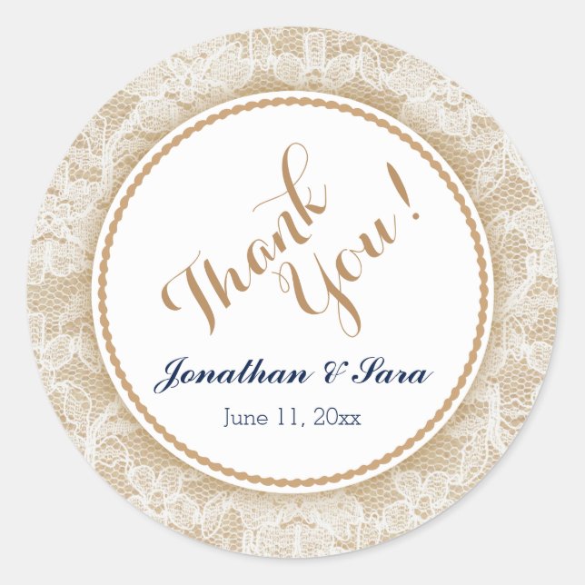 Burlap and Lace Personalised Wedding Thank You Classic Round Sticker (Front)