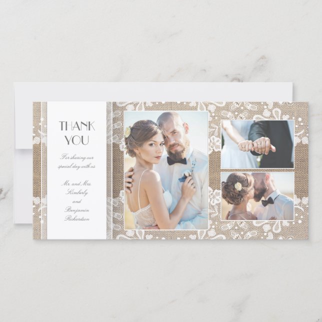 Burlap and Lace Photo Wedding Thank You (Front)