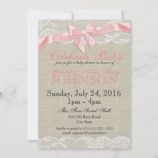 Burlap and Lace Pink Baby Shower Invitation (Front)