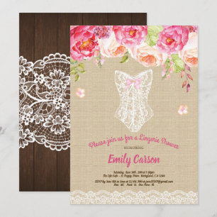 Burlap and lace pink lingerie shower bridal party invitation