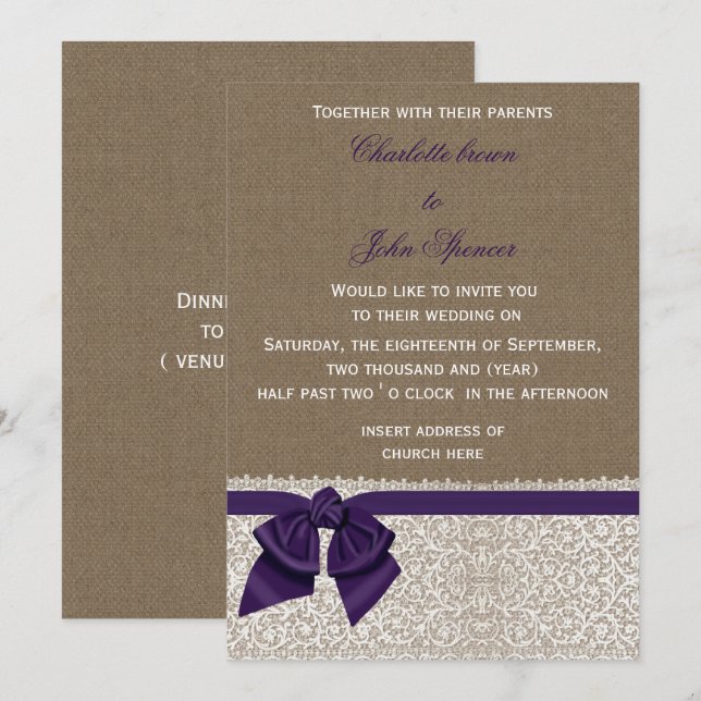 Burlap and Lace Purple Wedding Invitation (Front/Back)